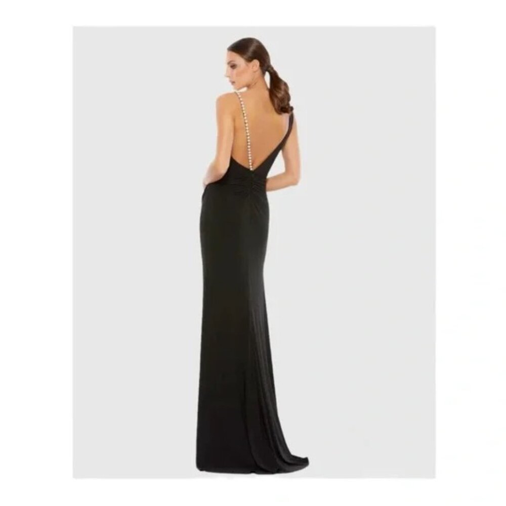 Mac Duggal Asymmetrical imitation Pearl Strap Column Black V Neck Gown Dress 14